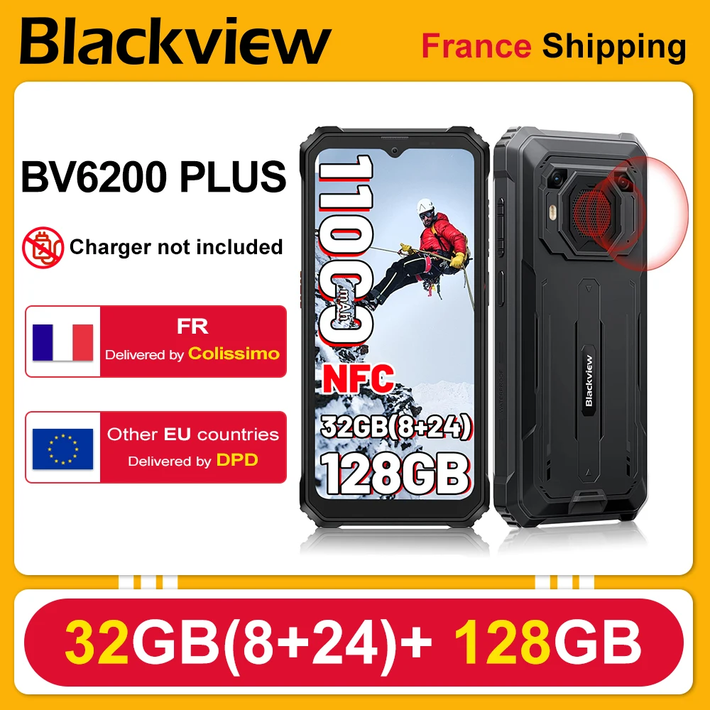 BLACKVIEW BV6200 Plus [Sans chargeur UE] Smartphone Renforcé 32Go(8+24) + 128Go 11000mAh Android 15 Téléphone mobile 6.56'' 90Hz NFC