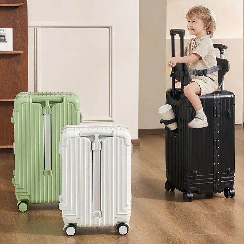Parent-child Travel Suitcase Kids Can Sit and Ride Kids Luggage with Cup Holder USB Trolley Case Lazy Walking Boarding Suitcases