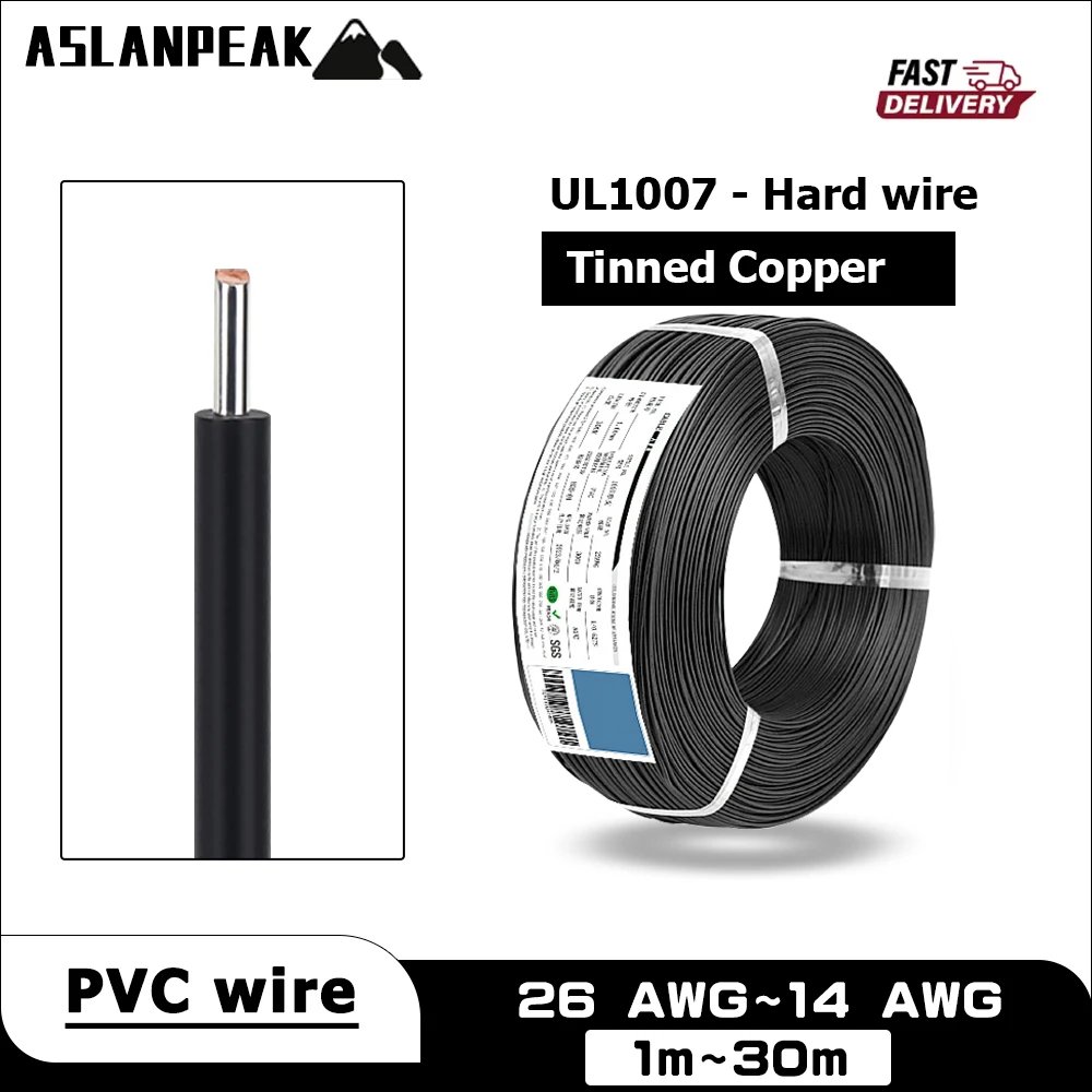 UL1007 26–14 AWG, 1–30 m, schwarzes PVC-Hartkupferkabel, Vollkern-Kupferdraht, elektrischer Verlängerungsdraht, elektrische Drähte aus verzinntem Kupfer Image