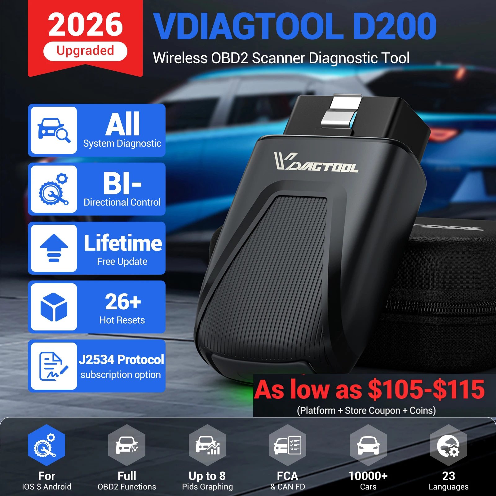 2026 VDIAGTOOL D200 Bluetooth OBD2 Scanner mit Lebenslangen Kostenlosen Updates, 26+ Reset-Funktionen für Alle Systeme, Kfz-Diagnosegerät mit Aktivtest J2534 FCA Image