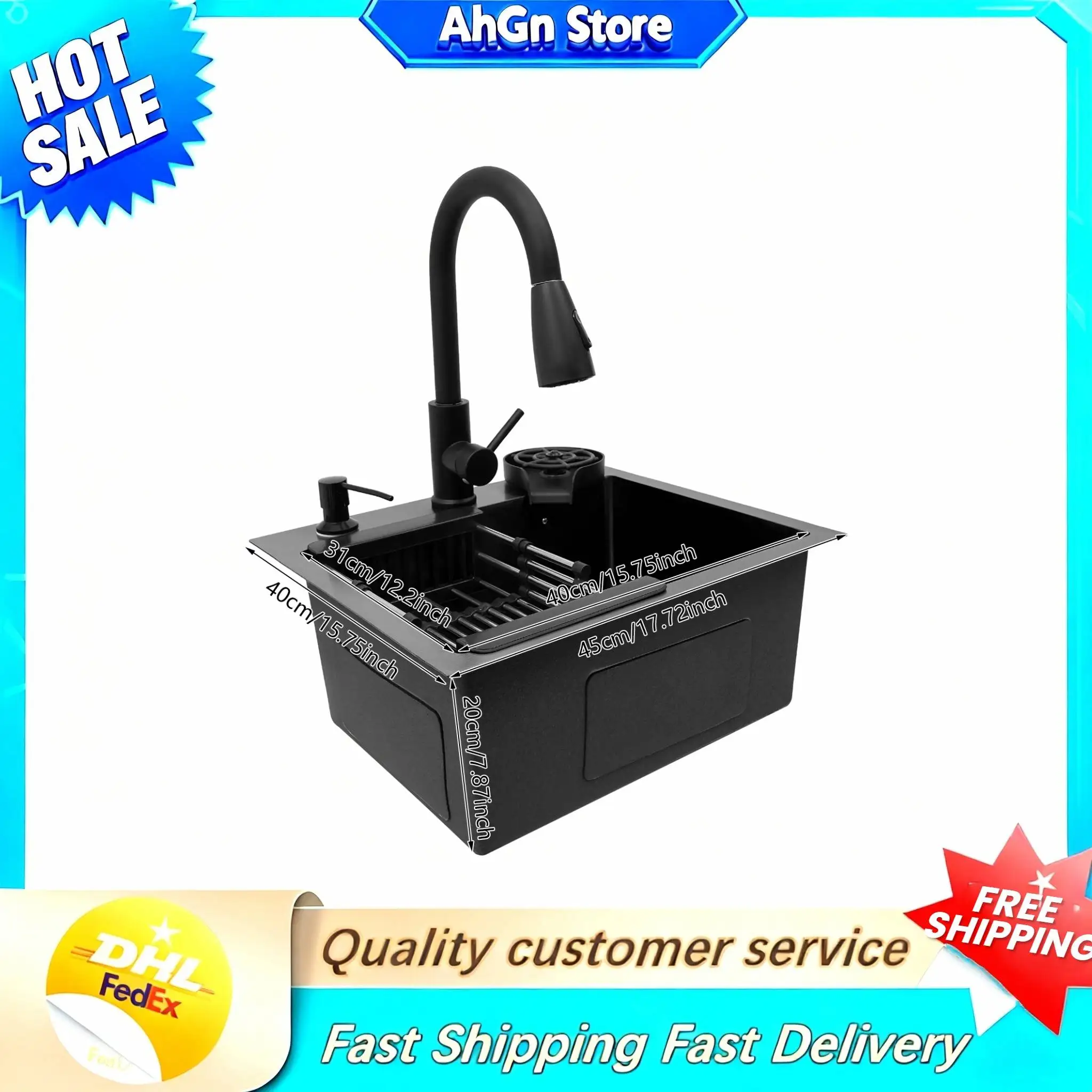 Évier de cuisine en acier inoxydable 45*40cm, évier de cuisine avec robinet extractible, évier de cuisine multifonctionnel