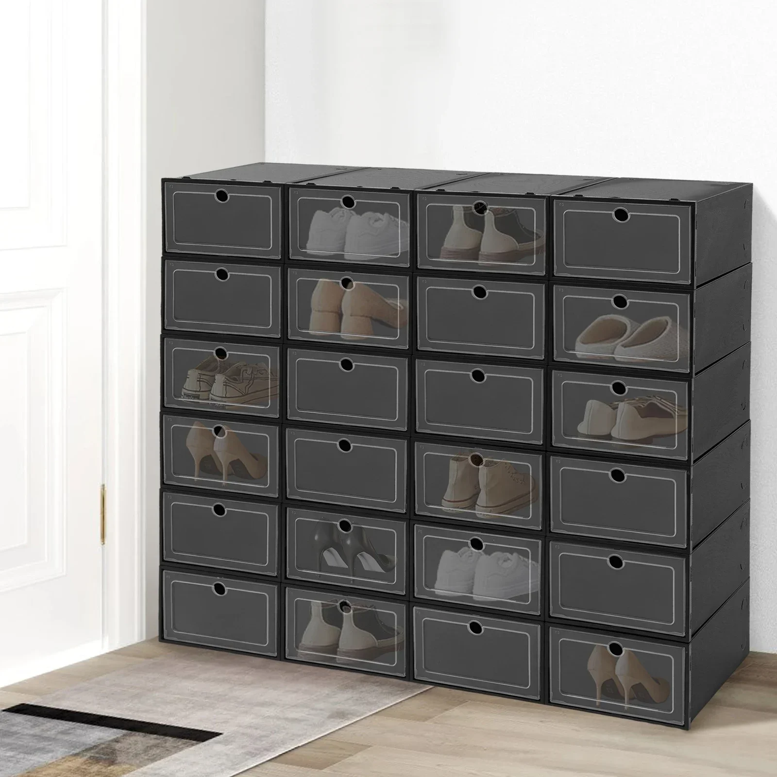 24er-Pack große schwarze Flip-Top-Schuhkartons – stapelbare, durchsichtige Schrank-Organizer-Aufbewahrungsbehälter für Männer und Frauen – Schuh-Organizer