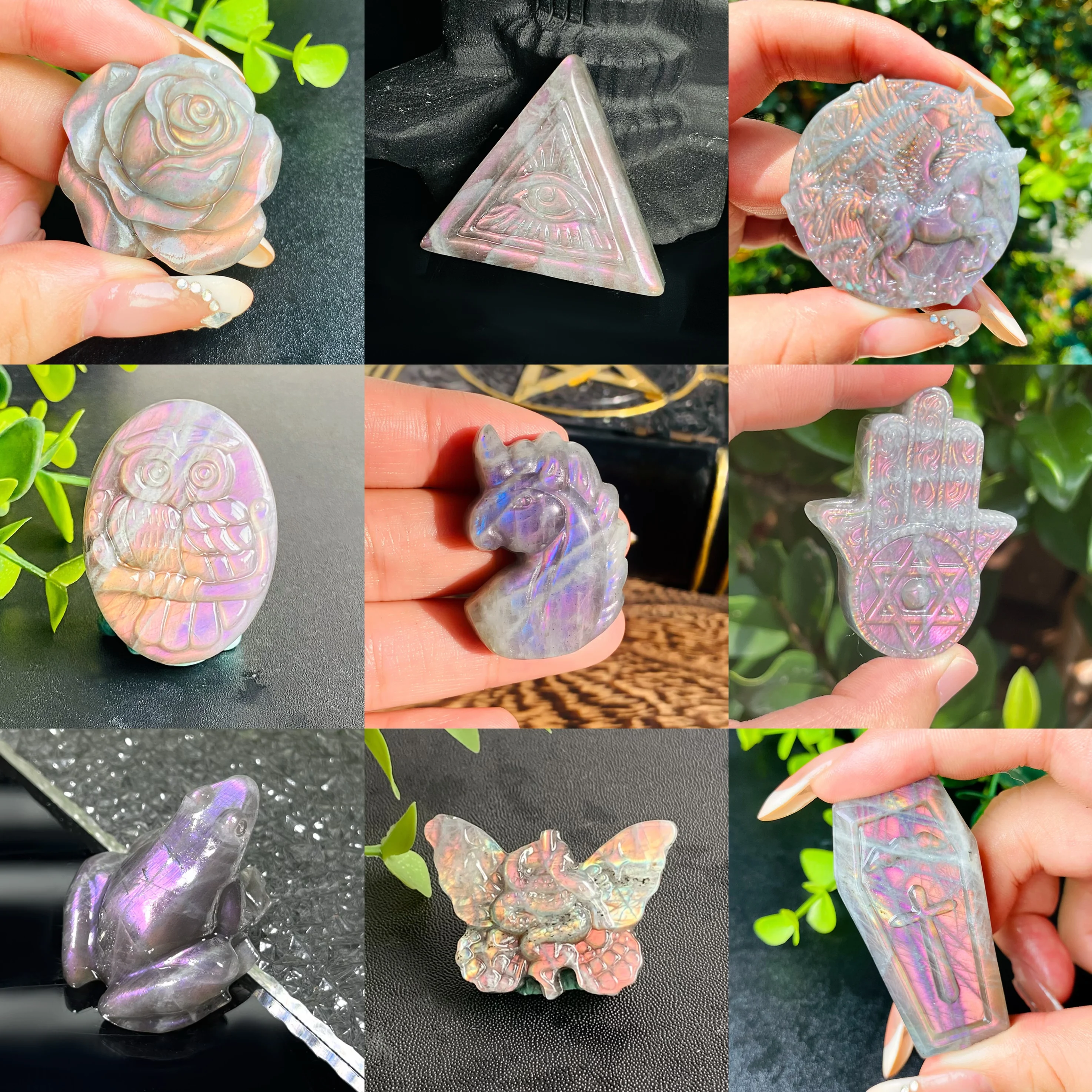【Lila Labradorit-Kollektion】 1 Stück Arten von Labradorit geschnitzt, lila auffälliges handgefertigtes Kunsthandwerk, Tier und Blumen, exquisites Gif