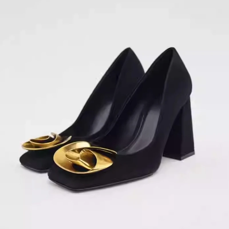 Vintage Elegant Women's Pumps Black Suede Leather Square Toe Block Heel, Gold Metal Flower Buckle Office Party Dress Shoes