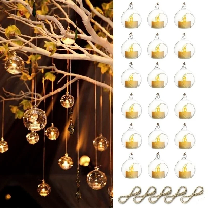 6/12Pcs Hanging Glass Candle Holder Diameter 6/8cm with LED Candle Terrarium for Wedding Party Decor Indoor Outdoor Garden