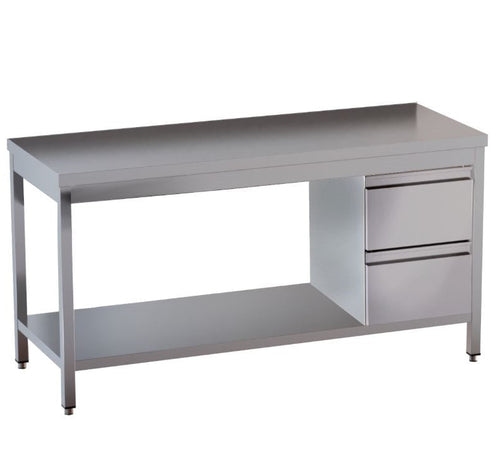 VM Europa Edelstahl Arbeitstisch mit Grundboden, 2 Schubladen rechts, Premium - montiert: 180 x 70 cm / mit Aufkantung / fertig montiert Image