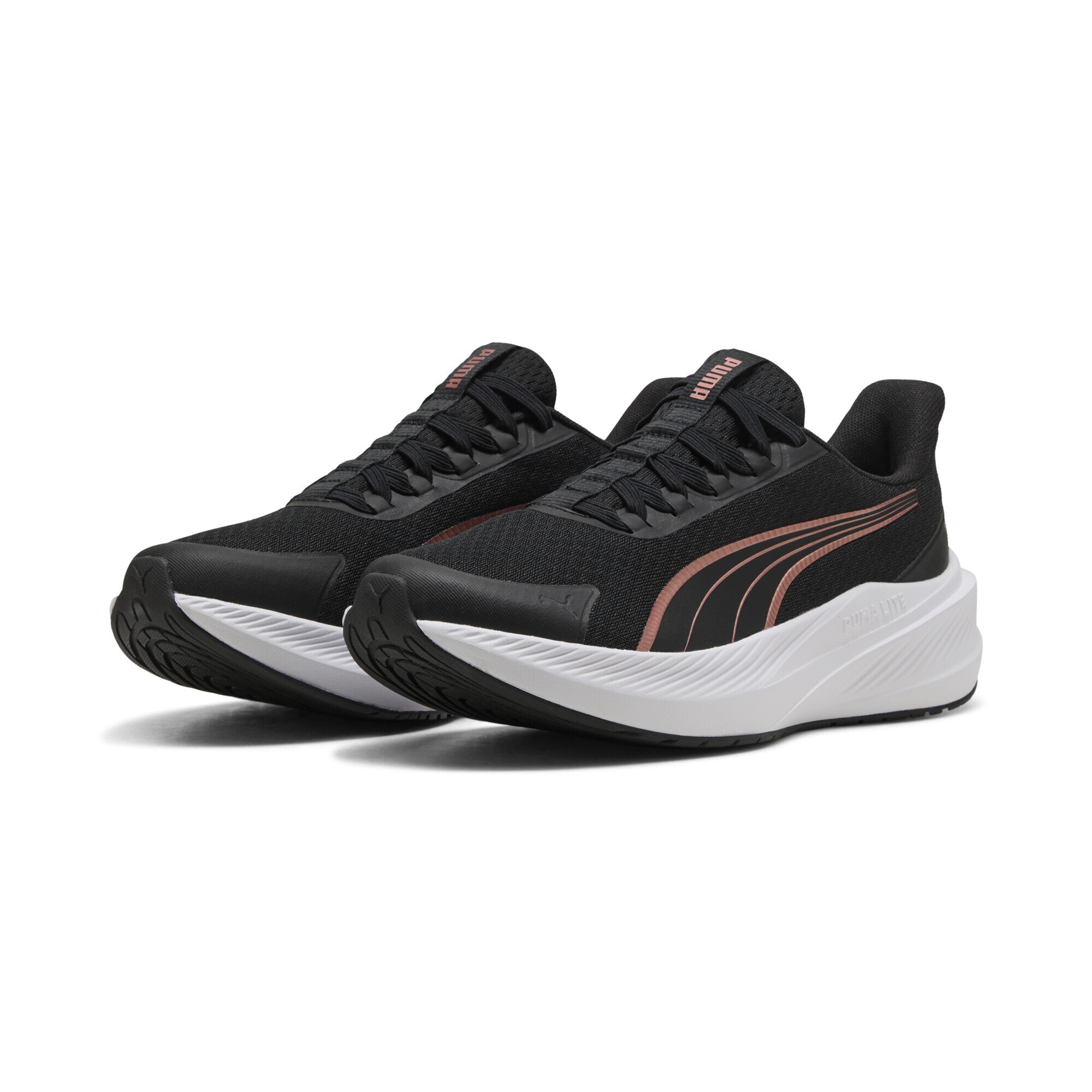 Trainingsschuh PUMA "Dasher Lite SLIPTECH™ Laufschuhe Erwachsene", Gr. 38, schwarz rose gold weiß metallic, Obermaterial: Textil, Synthetik; Futter: Textil; Innensohle: Textil; Laufsohle: Gummi, Schuhe