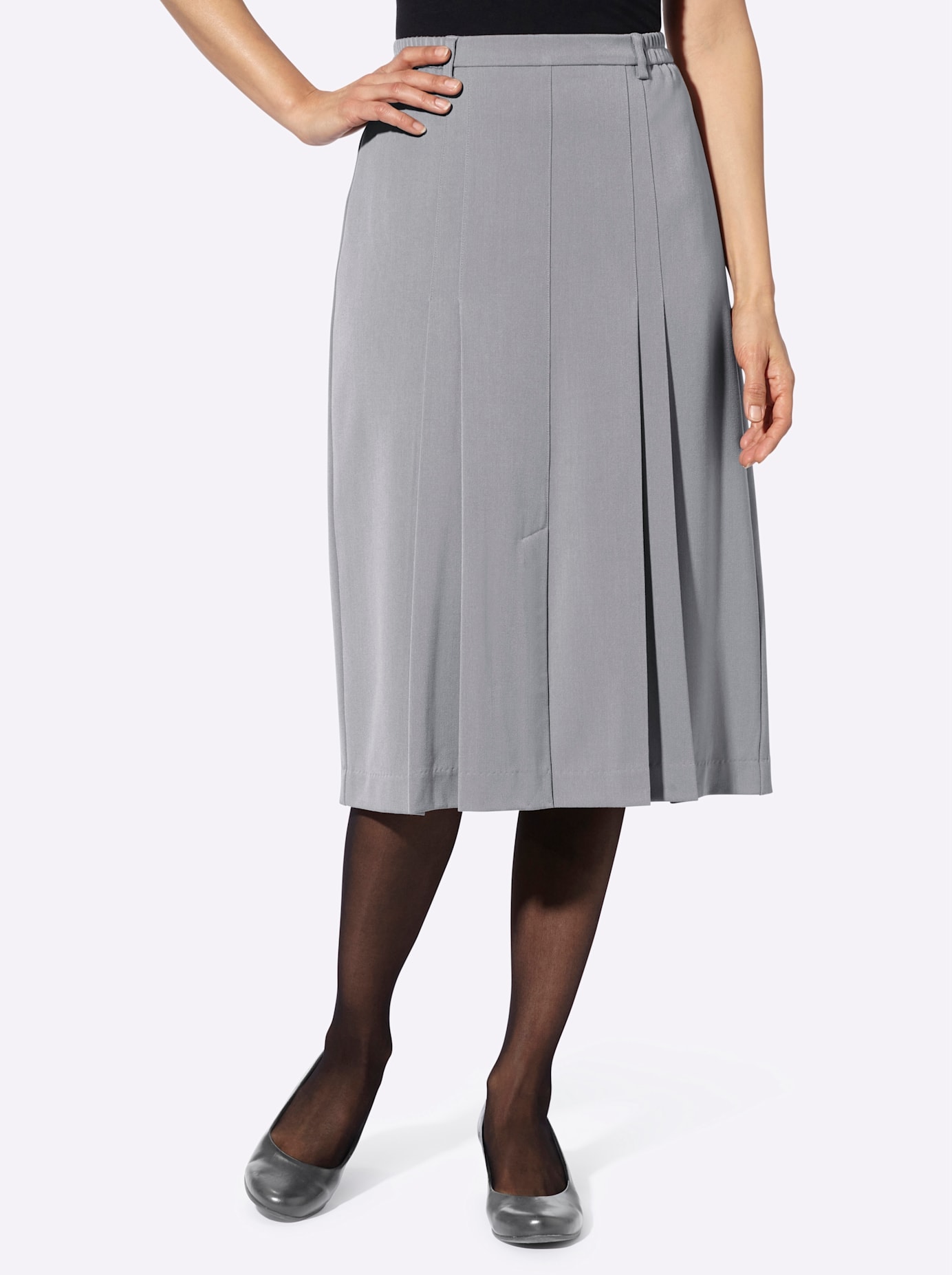 Faltenrock CLASSIC, Damen, Gr. 40, grau (steingrau, meliert), 75% Polyester, 20% Viskose, 5% Elasthan, unifarben, wadenlang, Röcke