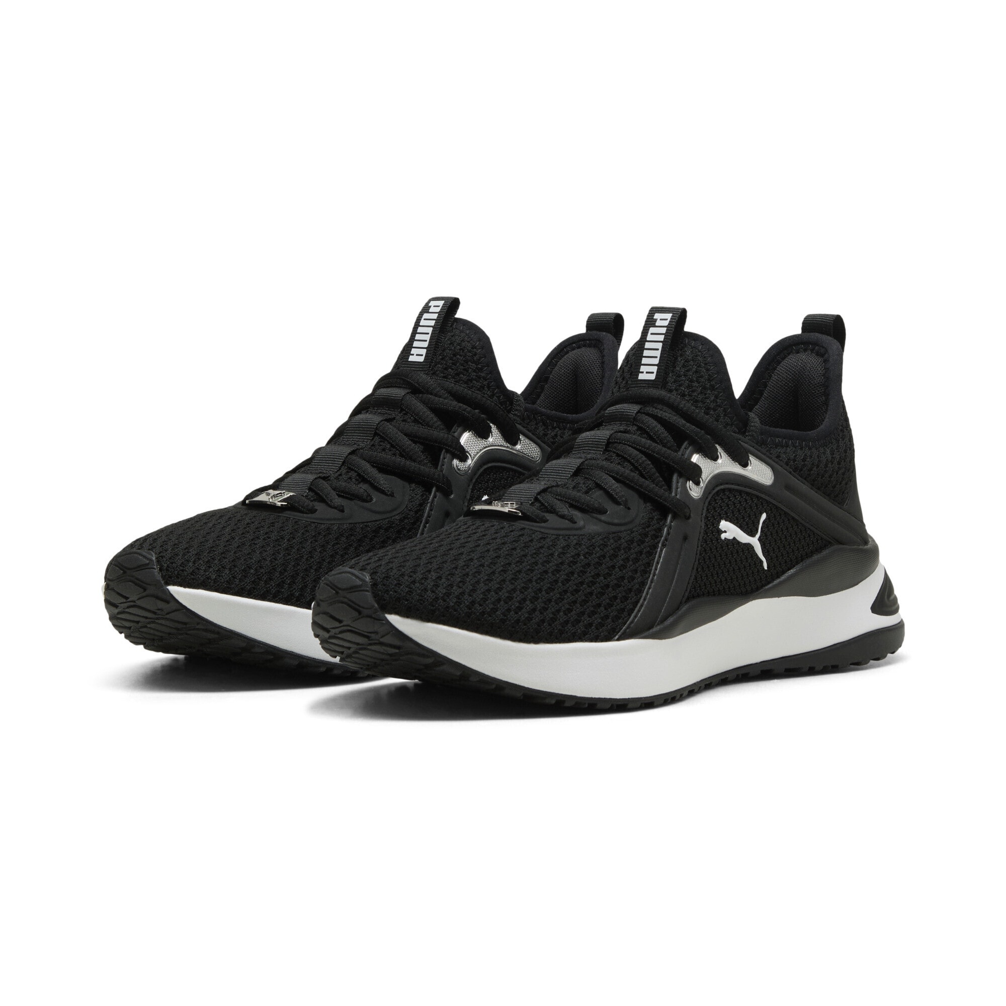 Trainingsschuh PUMA "SOFTRIDE Karma Sneakers Damen", Damen, Gr. 35,5, schwarz, weiß silber metallic, Obermaterial: Textil, Synthetik; Futter: Textil; Innensohle: Textil; Laufsohle: Gummi, Synthetik, Schuhe