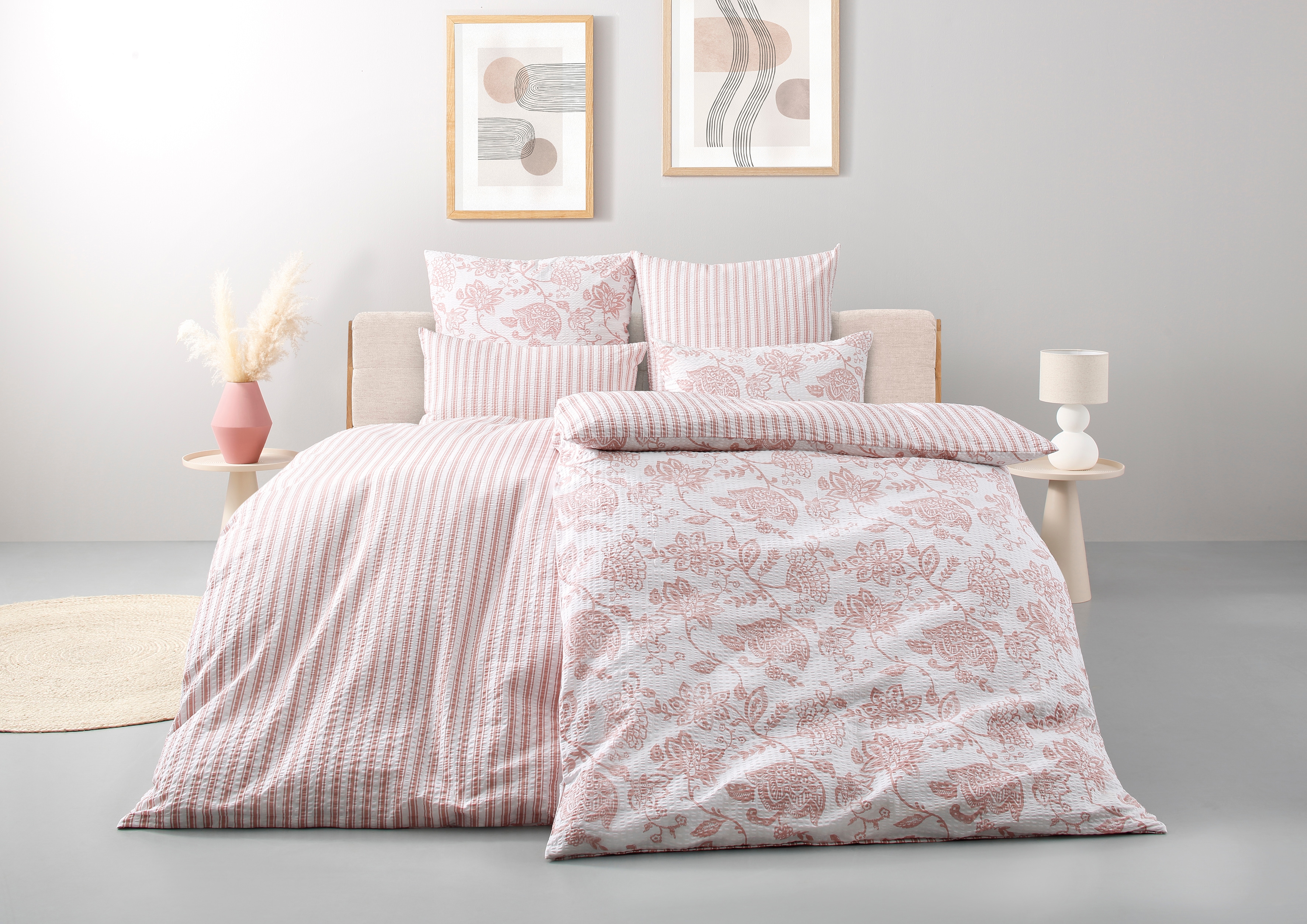 Bettwäsche OTTO HOME "Nordby", rosé, B/L: 135cm x 200cm, 1 Stk., 1 Stk., Soft-Seersucker, B/L: 80cm x 80cm, 2 Stk., Soft-Seersucker, Obermaterial: 100% Baumwolle, Bettwäsche, Bettwäsche, Bettwäsche aus Baumwolle, skandinavisches Design, ab Größe... Image