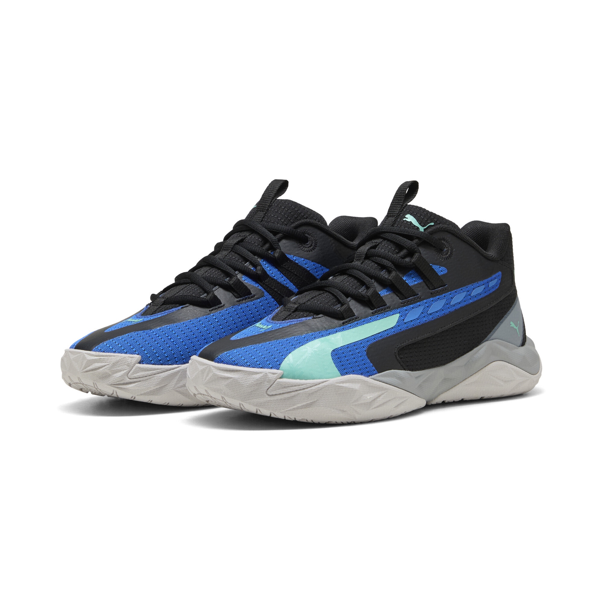 Basketballschuh PUMA "Dagger 2 Mid Basketballschuhe Erwachsene", Gr. 42.5, schwarz blaumazing aquatic blau grün, Obermaterial: Synthetik, Textil; Futter: Textil; Innensohle: Textil; Laufsohle: Gummi, Synthetik, Schuhe