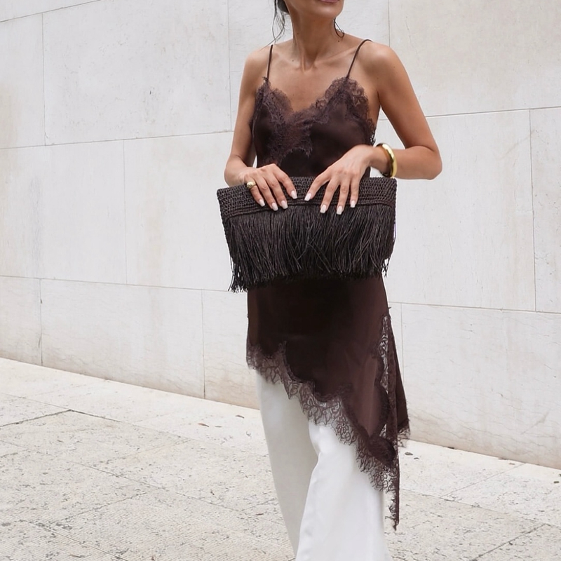 Combhasaki Women Floral Lace Trim Satin High Low Vest, Silk Spaghetti Strap Side Split Asymmetrical Cami, Flowy Silky coffee Short Tops m