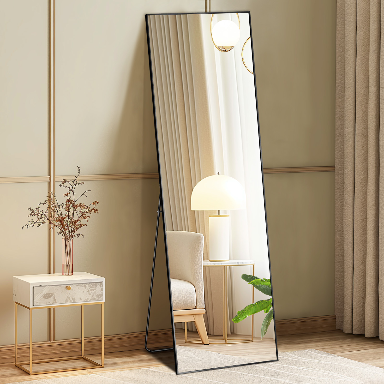Leaning Wall Mounted Mirror, Full Body Standing Mirror With Aluminum Alloy Frame For Living Room black rectangle