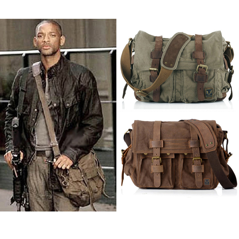 Men Messenger Bag Genuine Leather Canvas Shoulder Crossbody Sling Casual Satchel army Green M