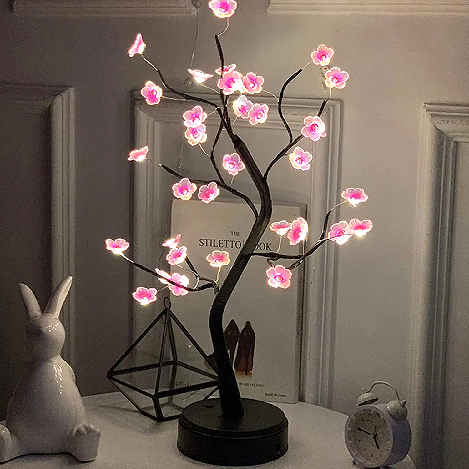 Touch Switch Artificial Bonsai Cherry Blossom Tree, LED Lamp Decoration For Desk orange