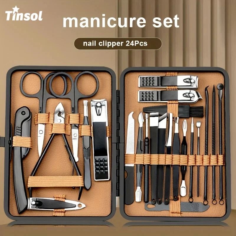 Professional Nail Care Tool Set With PU Leather Case Stainless Steel Clippers 24 Pcs Set