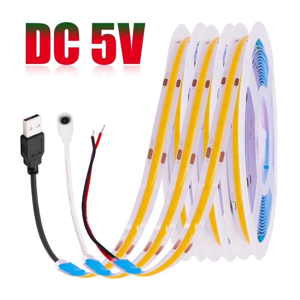 USB COB LED Strip Light 5V High Density Flexible Tape For Ambient Decor Lighting dc Plug cold White 3m