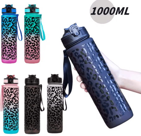 1 Liter Leopard Print Sports Water Bottle Leak Proof Large Capacity Gym And Travel Bottle black 1000ml