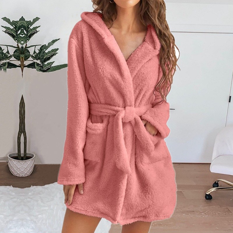 Fluffy Plush Pyjamas, Sexy Winter Women Bath Robe, Hooded Dressing Gown, Solid Color Warm Bathrobe Female Loungewear white m