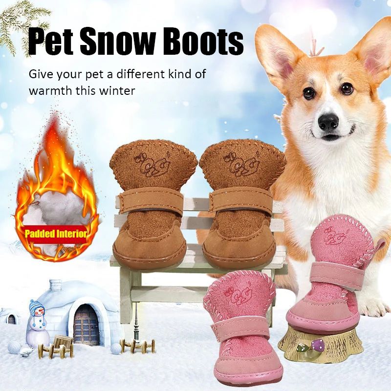 Soft Plush Pet Snow Boots Warm Washable Winter Shoes For Small Dogs & Cats coffee 4 Pcs no3