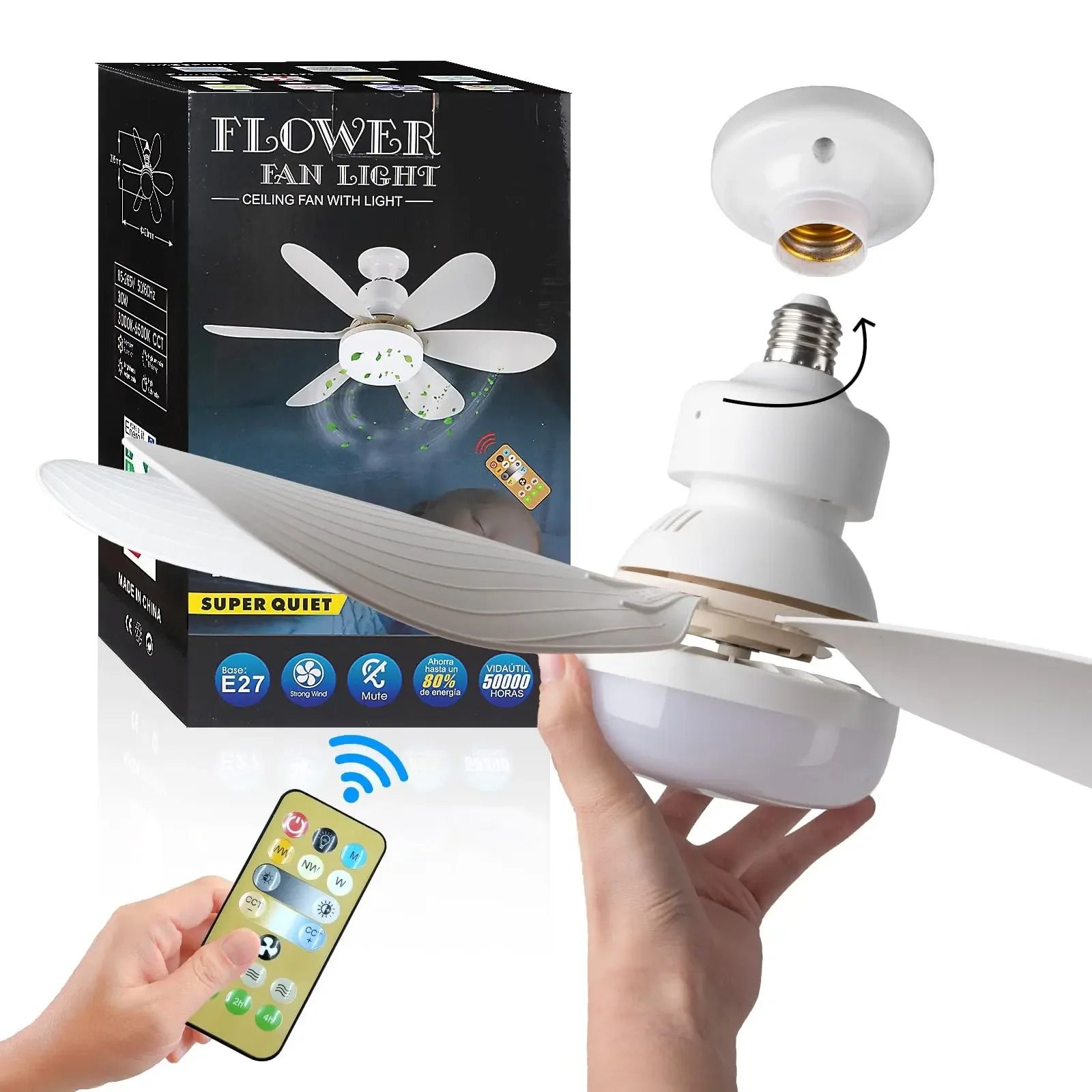 LED 40W Ceiling Fan Light E27 With Remote Control, Dimmable For Living Room And Study white a