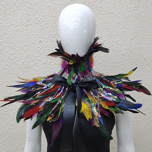 Carnaval 2026 Accessoires de Carnaval de Rio Samba Cape Femme Plumes Arc-en-ciel avec Franges à Paillettes Châle en Plumes Colorées avec Lien en Ruban Costume de Performance Festival Brésilien