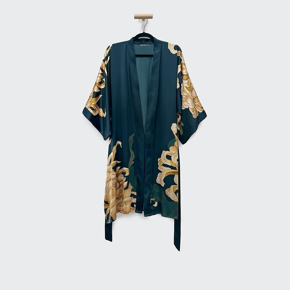 KIM+ONO Kimono Robe | Silk Kiku Short Kimono Robe | Silk | Teal | Short
