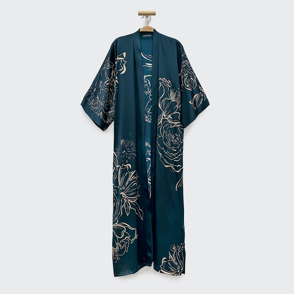 KIM+ONO Kimono Robe | Washable Silk Jia Art Long Kimono Robe | Washable Silk | Vintage Teal | Long