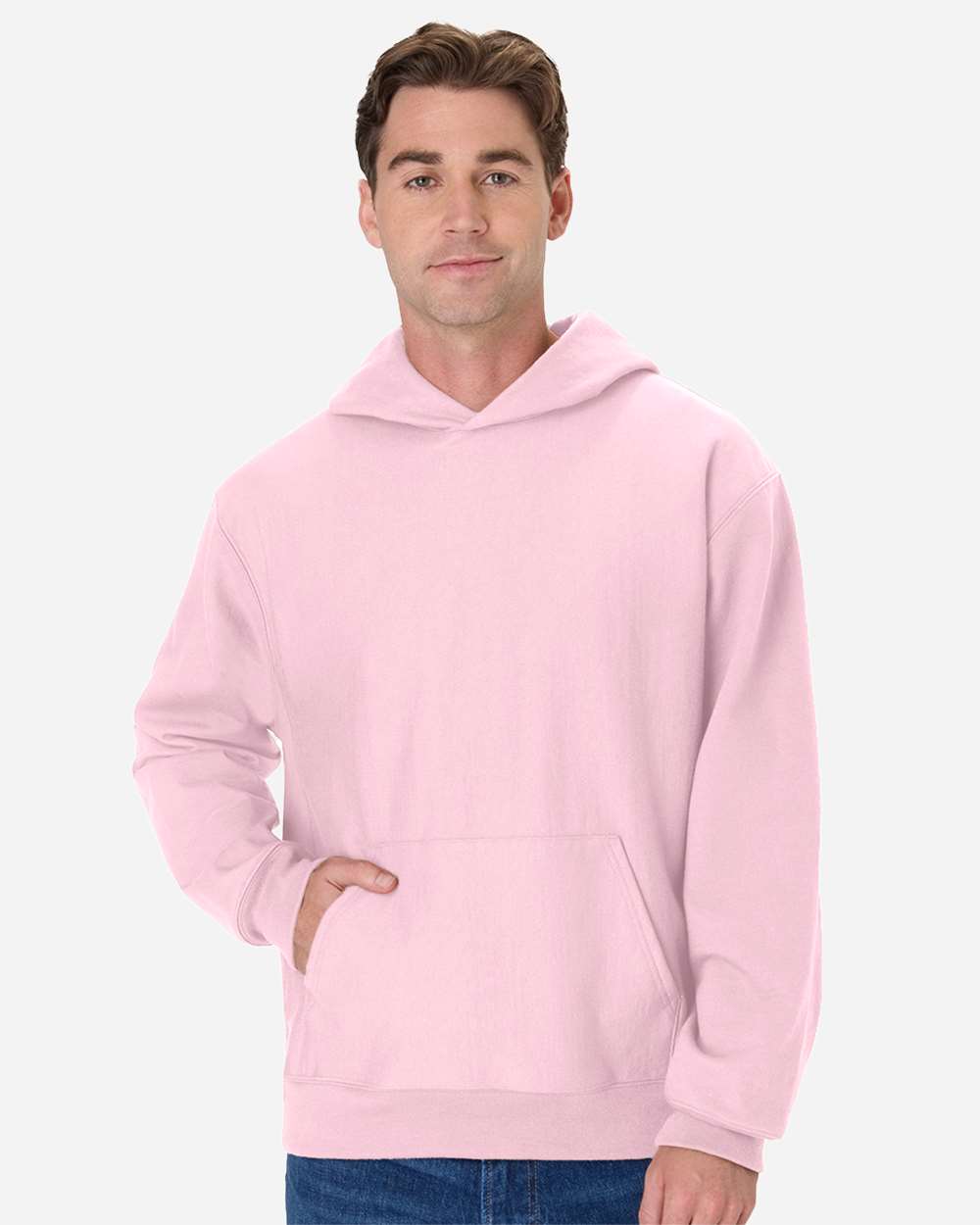 Hanes OG700 Beefy Sweats Premium Heavyweight Hooded Sweatshirt in Pale Pink size Large | Cotton/Polyester Blend