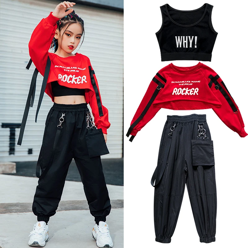 Mädchen Hip Hop Kleidung Rot Tops Schwarz Hosen Casual Overalls Street Dance Tragen Jazz Leistung Kleidung Hip Hop Kinder Tragen BL5301