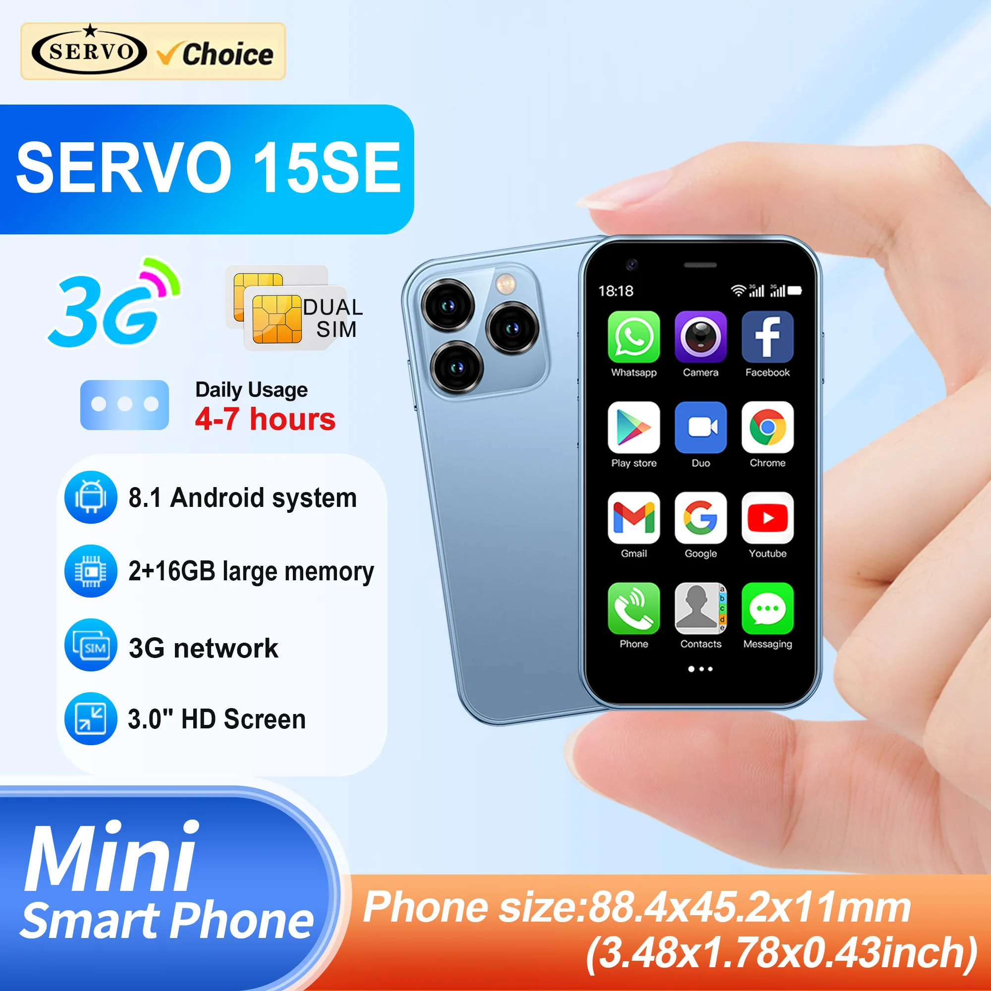 SERVO 15SE Mini-Smartphone 3G WCDMA Android-System WiFi Hotspot Play Store 3,0-Zoll-Display Kleine Palm-Smartphones Dual-SIM-Standby