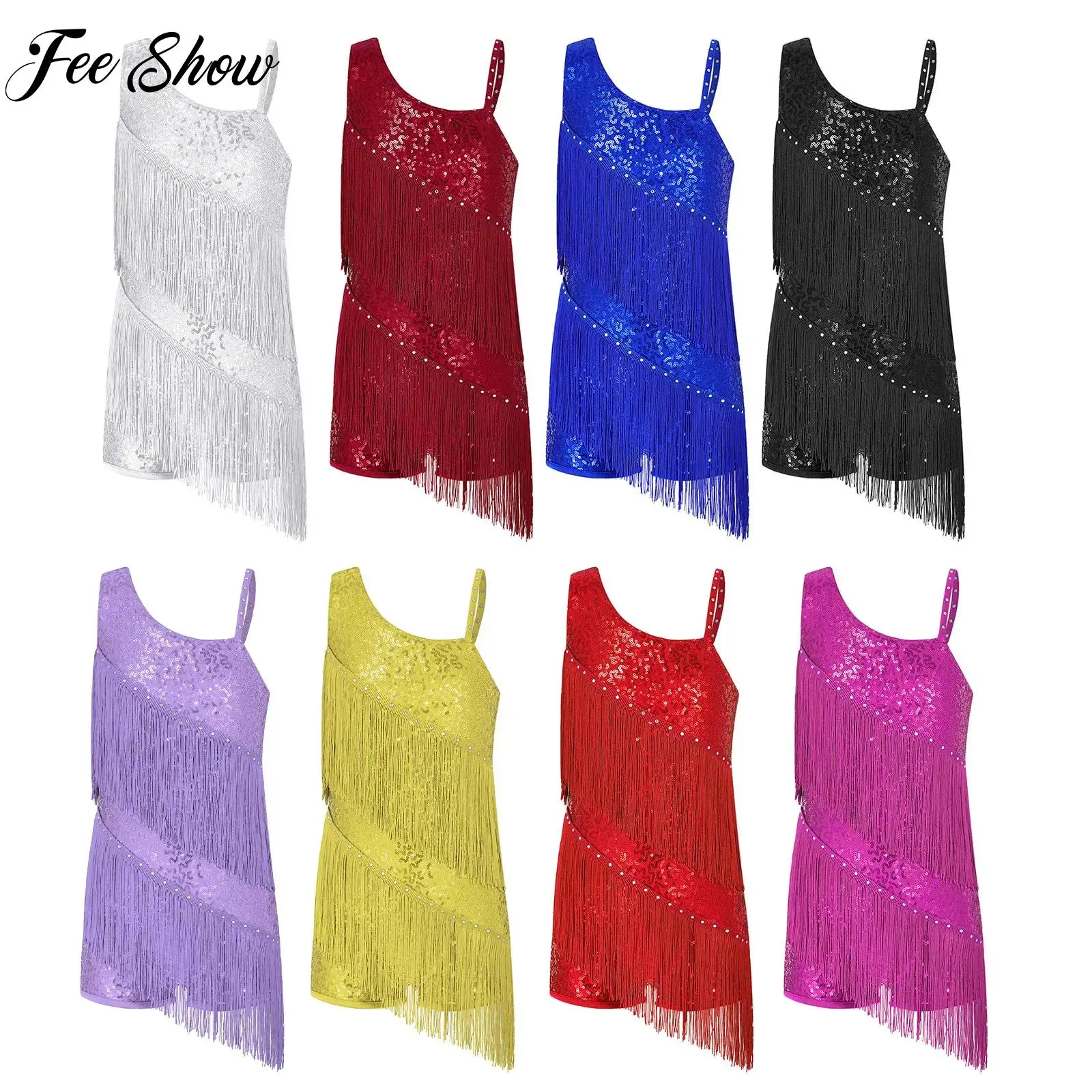 Robe de danse latine à paillettes brillantes pour enfants, justaucorps à glands initiés obliques, samba, rumba, cha-cha, performance de gymnastique