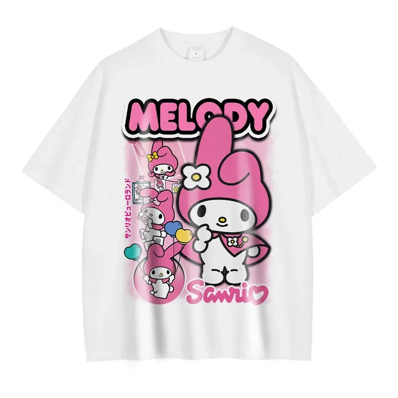 Hello Kitty Süßes Mädchen Tops Anime MyMelody T-Shirt Übergroßes Vintage Washed Black Rice T-Shirt Streetwear Damen Baumwoll-T-Shirt
