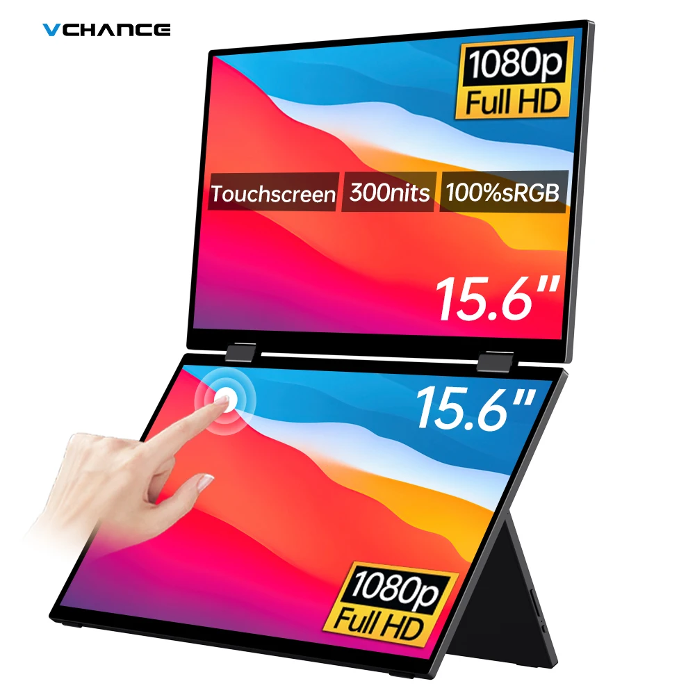 15,6-Zoll-faltbarer tragbarer Monitor mit Dual-Touchscreen, 1080p, 300 Nits, VESA, 75 mm, frei einstellbarer Display-Extender für Laptop-PC mit Tasche Image