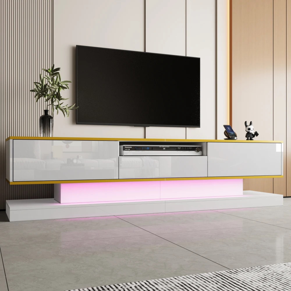 Meuble TV moderne 180x38x45cm avec trois tiroirs et un compartiment ouvert, meuble TV haute brillance avec lumières LED à couleur changeante