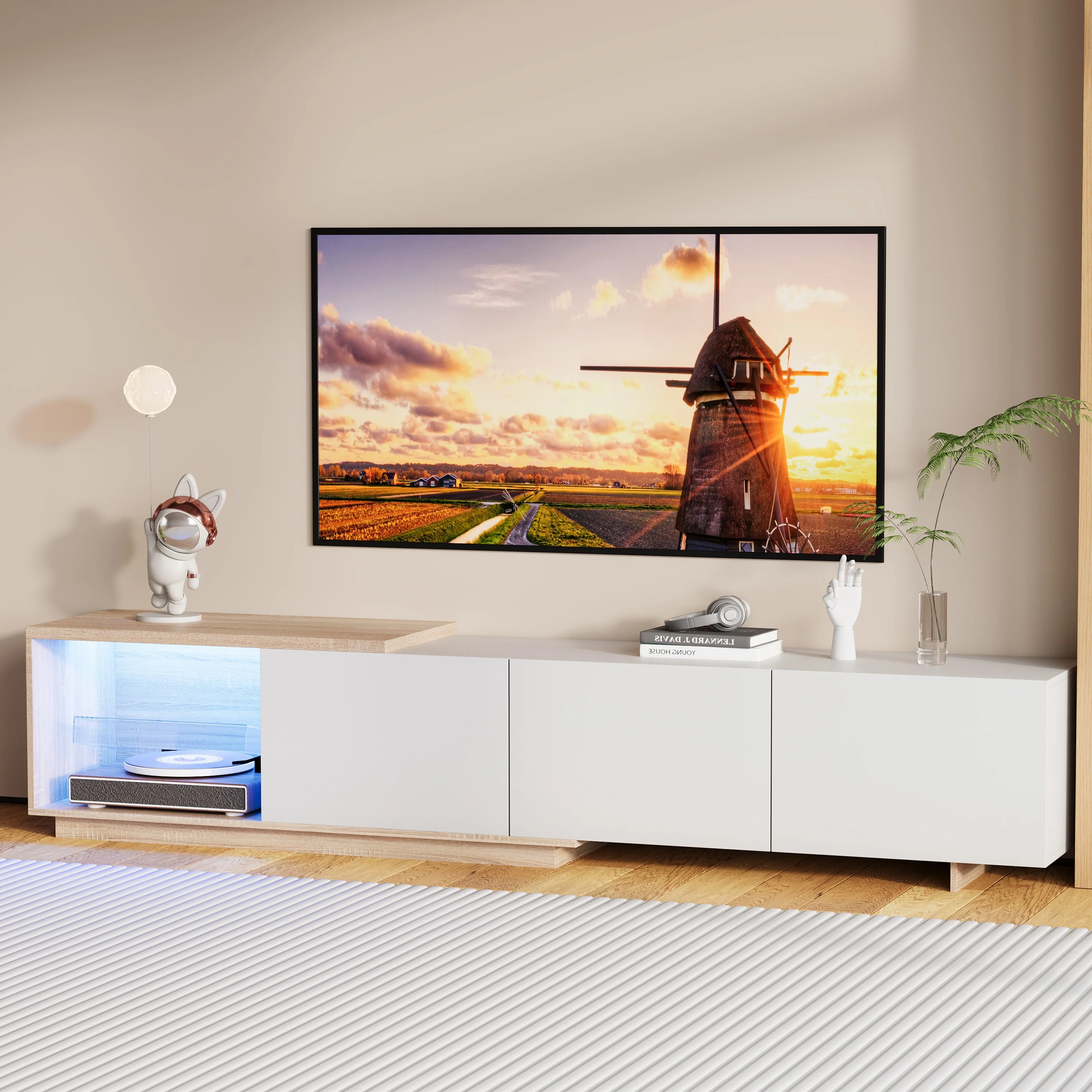 Réglable Meuble TV avec LED, Meuble Télé de Salon avec 3 Tiroirs, Structure de Rangement, 165-240 cm, Meuble TV Bas Moderne