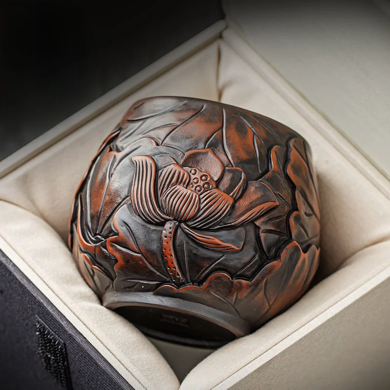 220ML Lotus Pure Handmade Carving Purple pottery Jianshui Master Cup Household Tea Cup Handmade Tea Bowl Smelling Cup Teaset