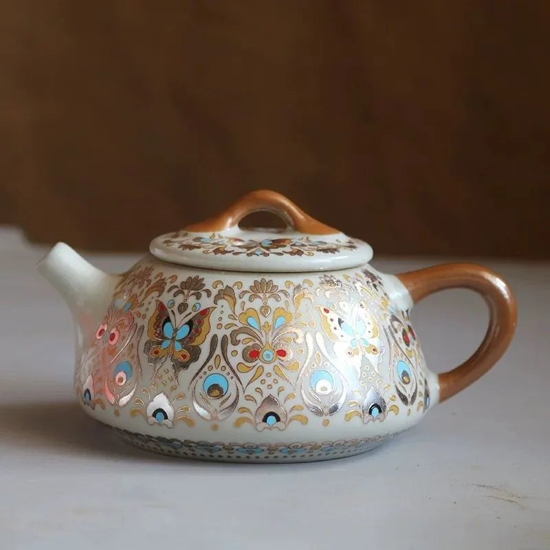 Hand Drawn Ceramic Teapot, Vintage Chinese Kung Fu Teapot, Household Brewing Porcelain Tea Set, Vintage Floral Design