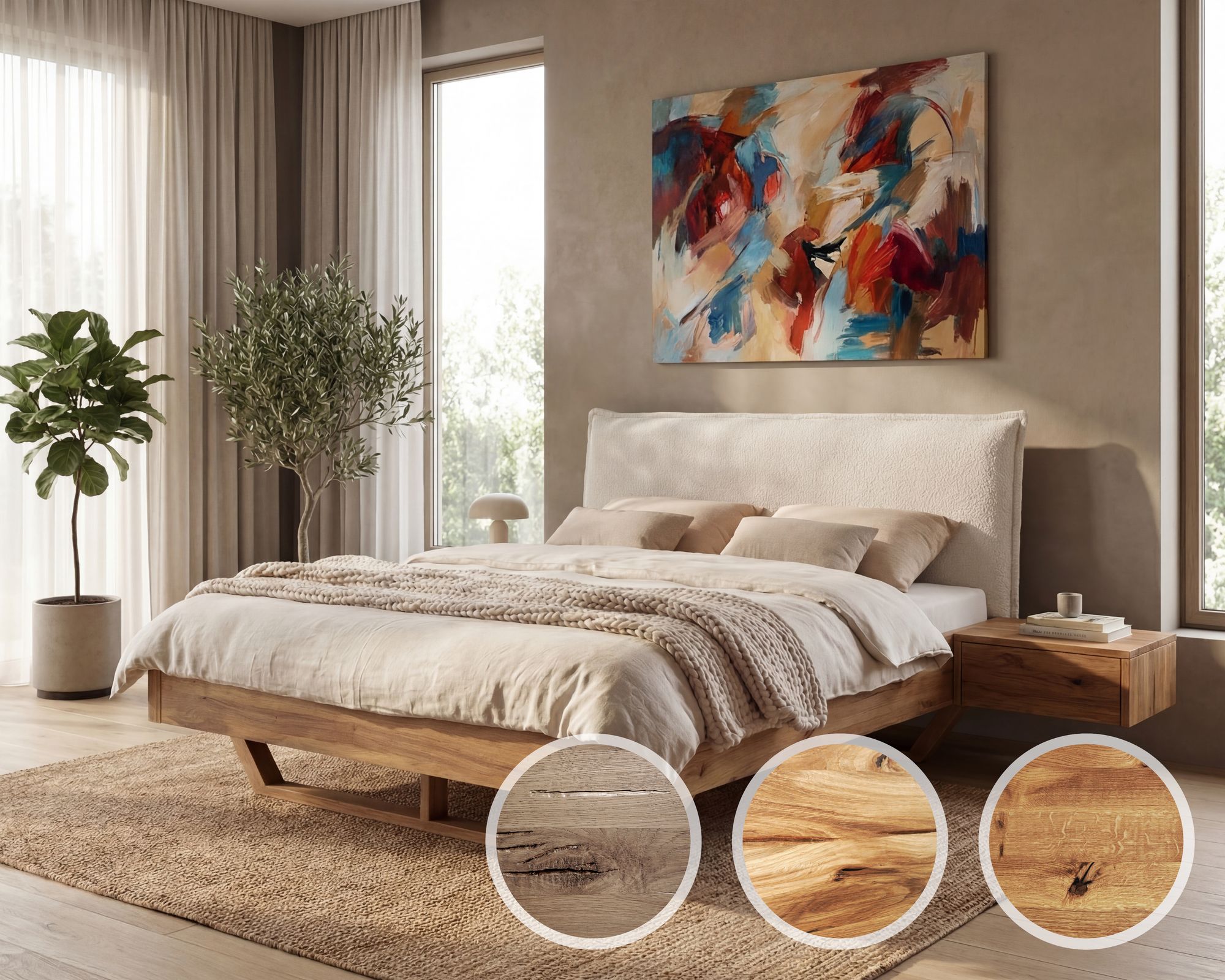 BlackWood »Nova Vita Contour I« Wildeiche Massivholzbett 200x220 cm / Wildeiche rustic / Boucle Anthrazit Image