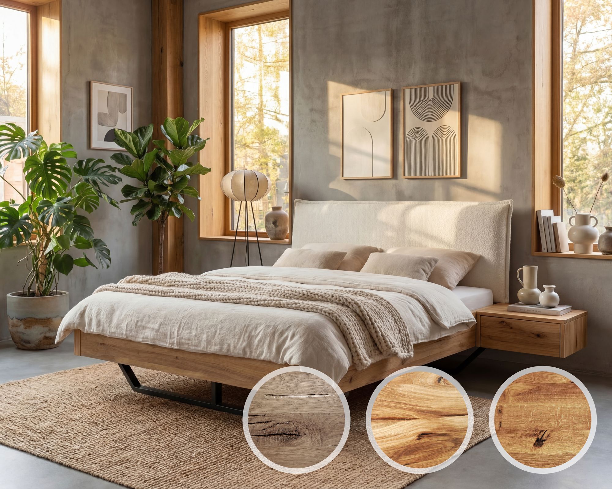 BlackWood »Nuevo Vita Contour II« Wildeiche Massivholzbett 160x220 cm / Wildeiche rustic / Boucle Anthrazit Image