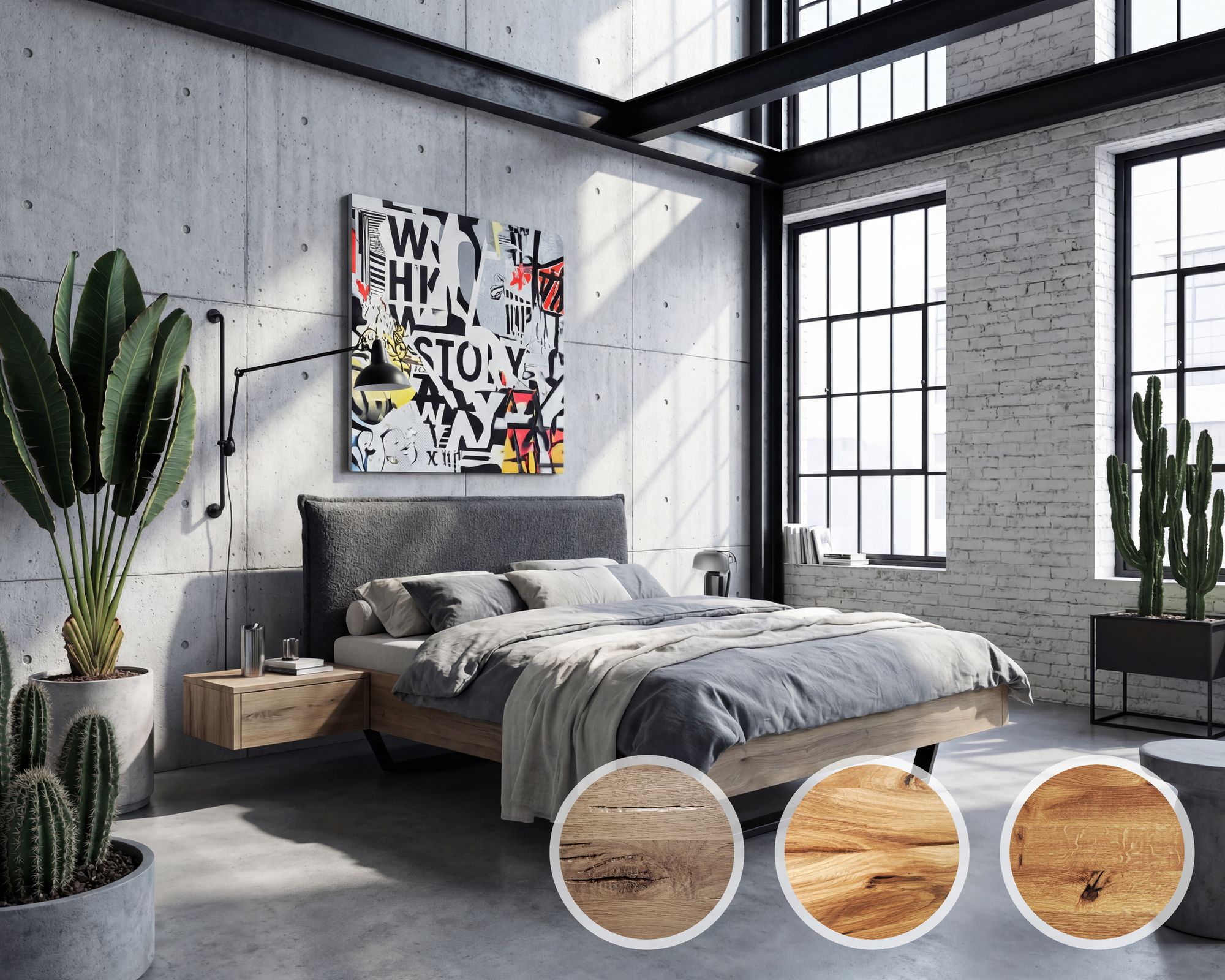 BlackWood »Nova Vita Contour IV« Wildeiche Massivholzbett 160x220 cm / Wildeiche rustic / Boucle Off-White Image