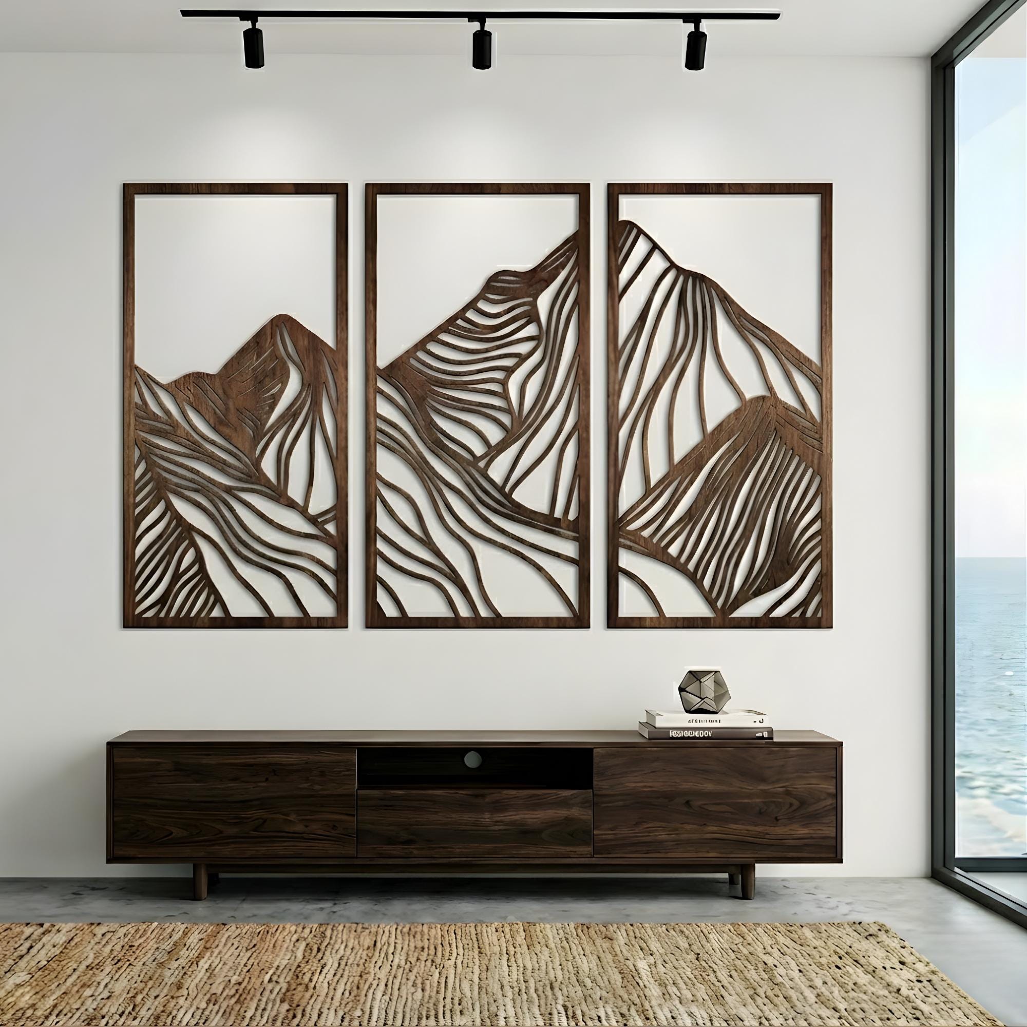 Set di 3 decorazioni murali geometriche in legno di montagna, decorazioni lineari con picchi di montagna, grandi decorazioni murali in legno, decorazi