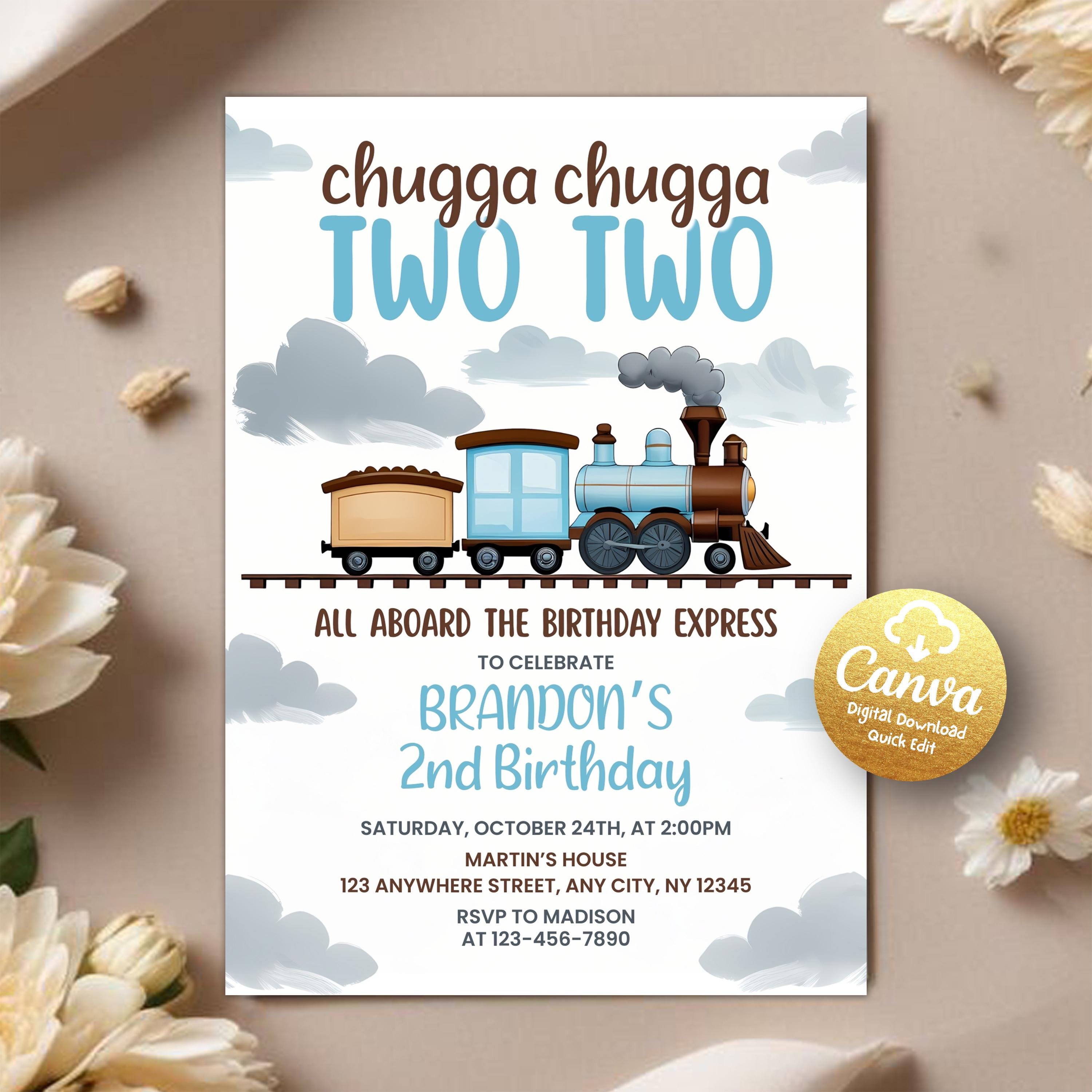 Invito di compleanno a tema treno, invito a tema Chugga Chugga Choo Choo, invito per il secondo compleanno di Two Two, festa del secondo compleanno, m