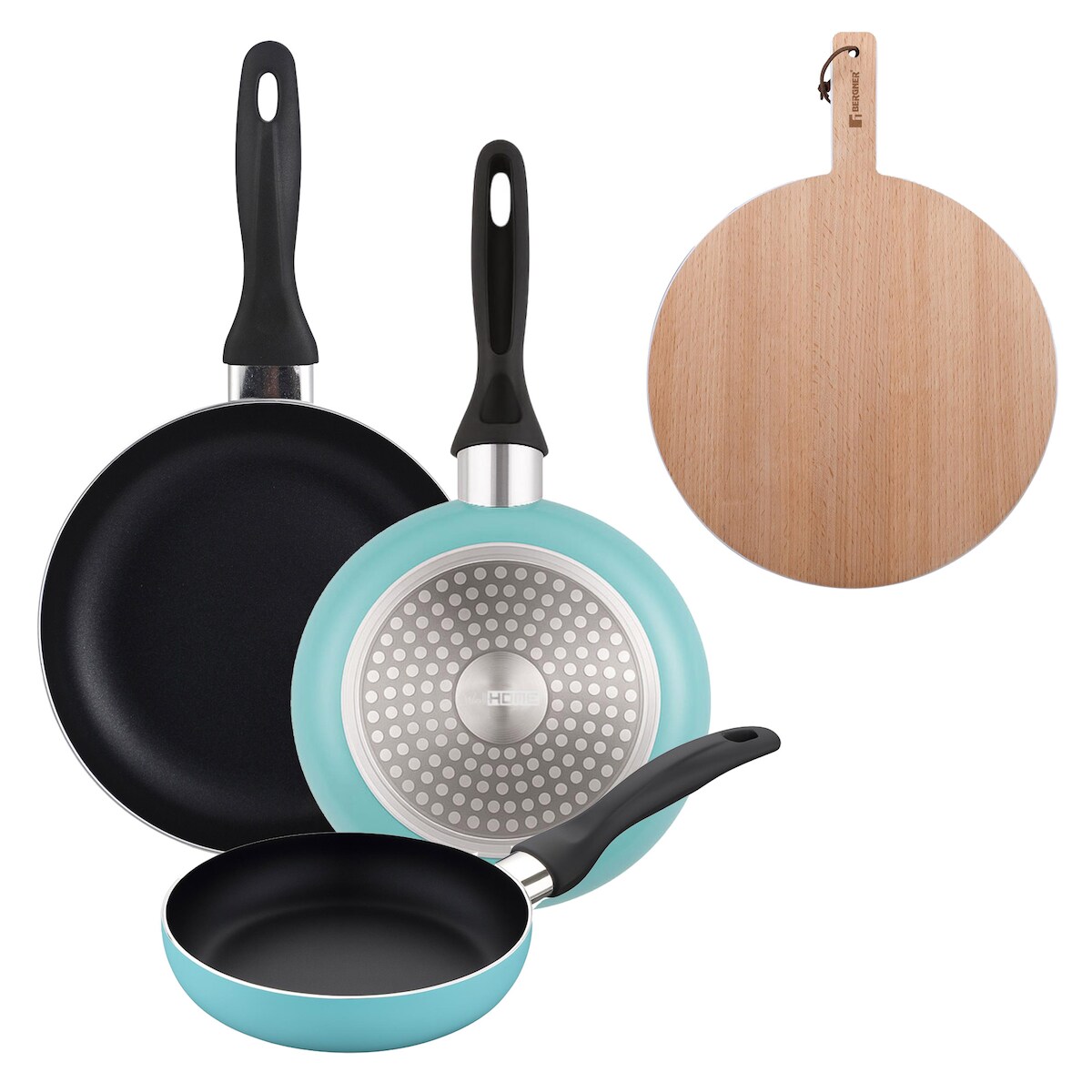 BERGNER - Set aus 3 Pfannen Ø16/20/24cm aus gepresstem Aluminium in matt-blau mit Rundes Schneidebrett 38x28x1,5 cm aus Buchenholz Image