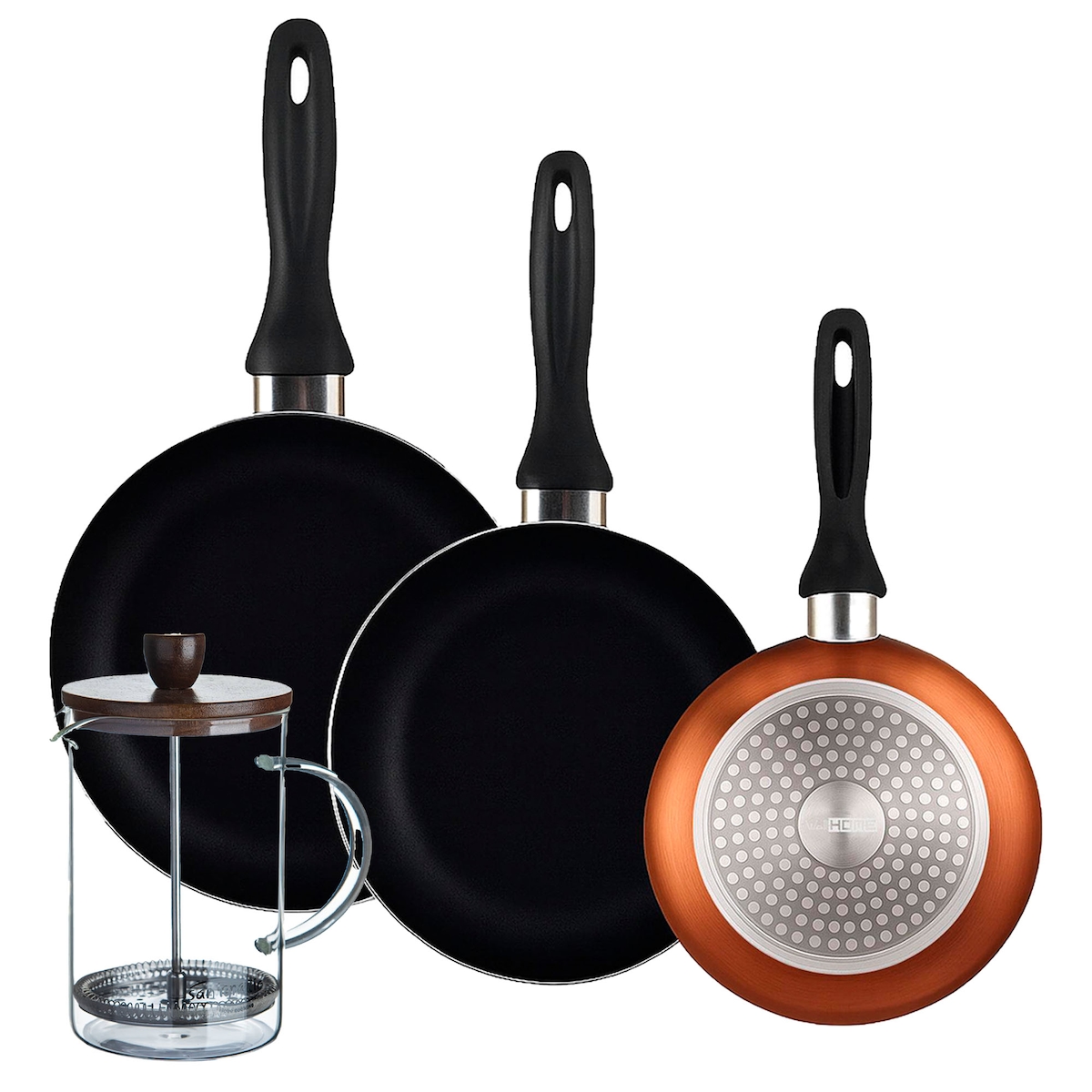 BERGNER - Set aus 3 Pfannen Ø16/20/24cm aus gepresstem Aluminium in metallic-bronze mit Stempel-Kaffeemaschine aus Borosilikatglas 15,8×10×18,8 cm Image