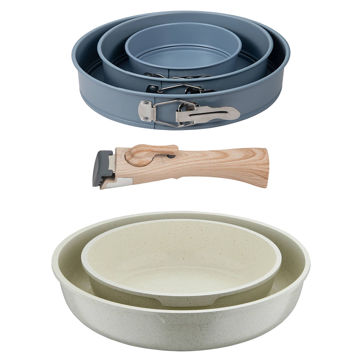 BERGNER - Set mit 2 Bratpfannen Ø22/26cm aus Aluminiumguss, weiß, mit abnehmbarem Griff mit 3-teiliges Set runde Backformen Ø12/18/22 cm Image