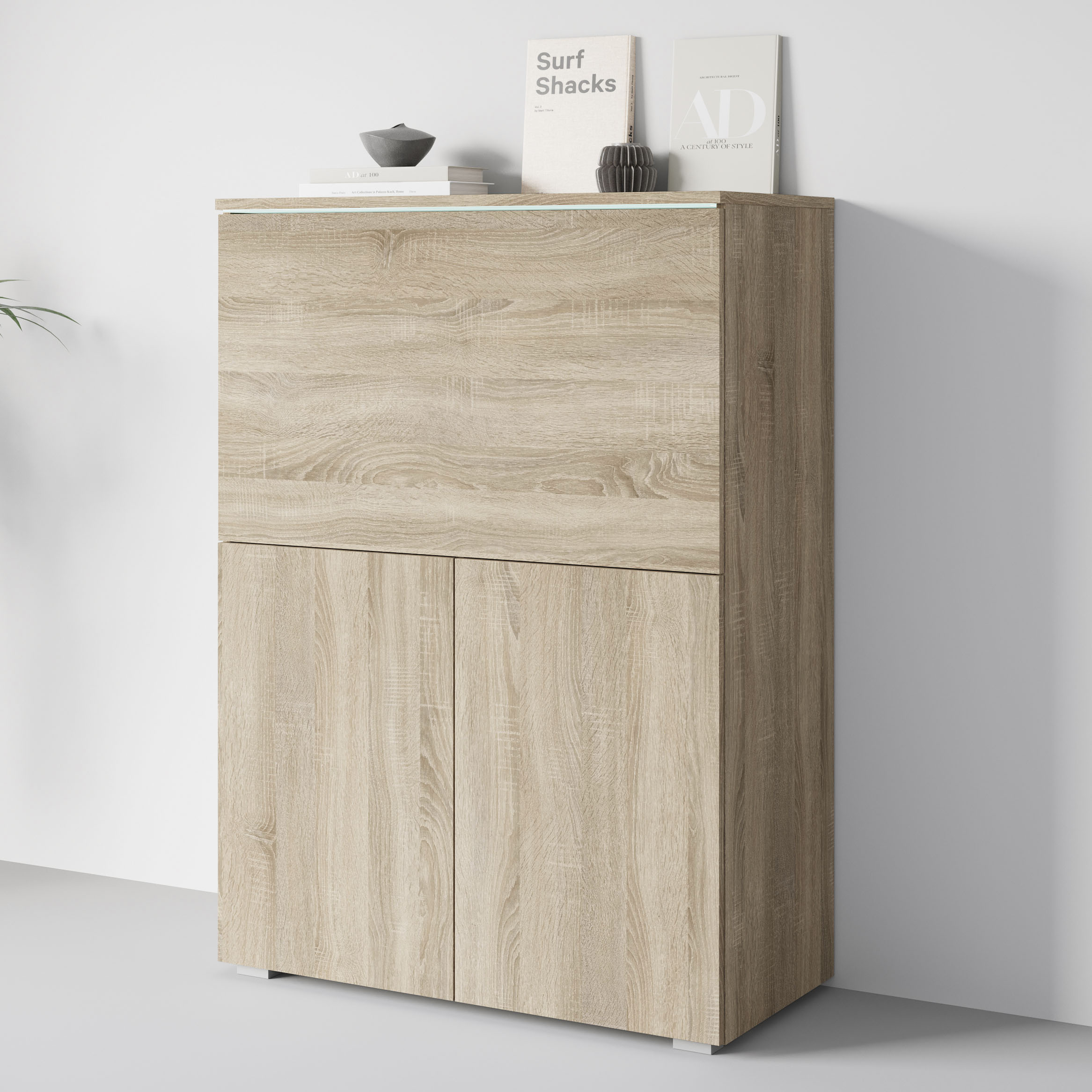 PC-Schrank HOME AFFAIRE "Vera, Sekretär, Home-Office-Schreibtisch mit LED-Beleuchtung", sonoma, B:90cm H:125,1cm T:42cm, Sekretäre, Multifunktional mit Stauraum, klappbare Tischfläche, LED, B 90 cm