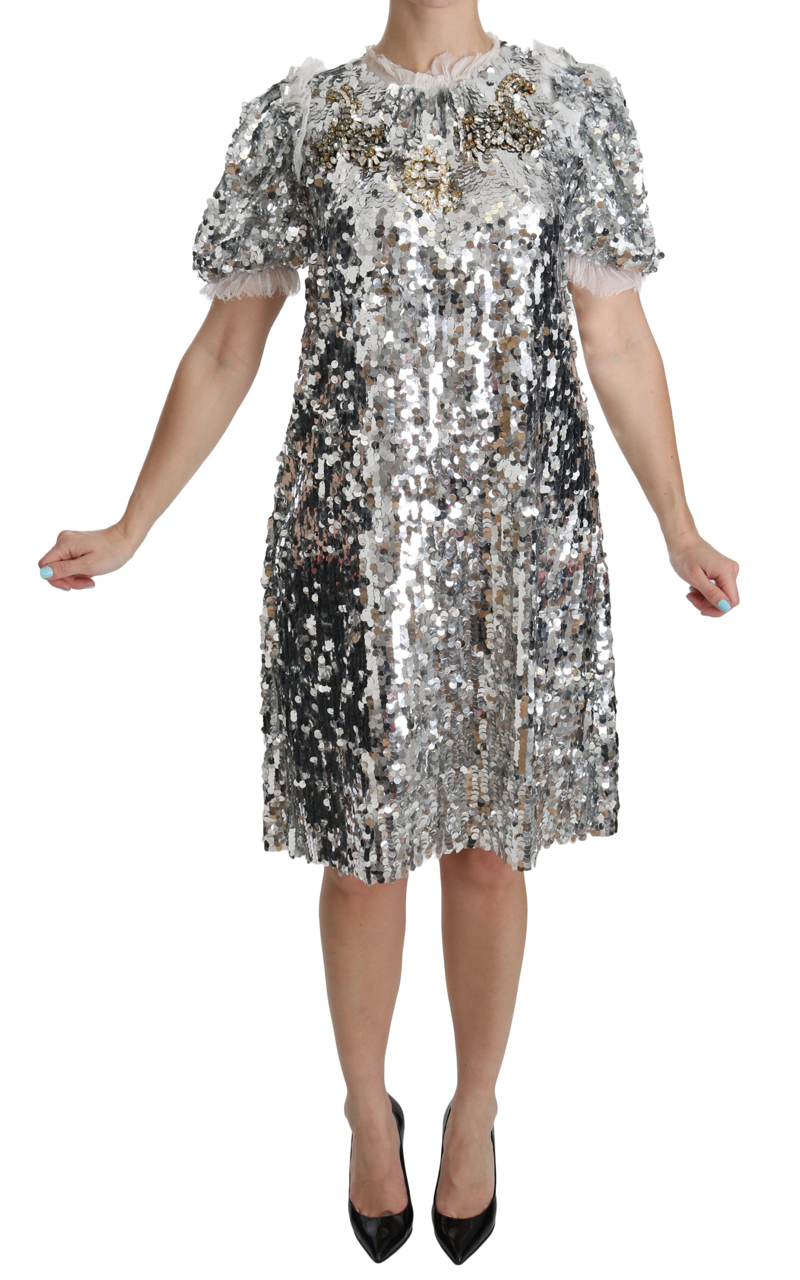 Dolce & Gabbana Women's Silver Sequined Crystal Shift Gown Dress (robe droite à paillettes argentées)