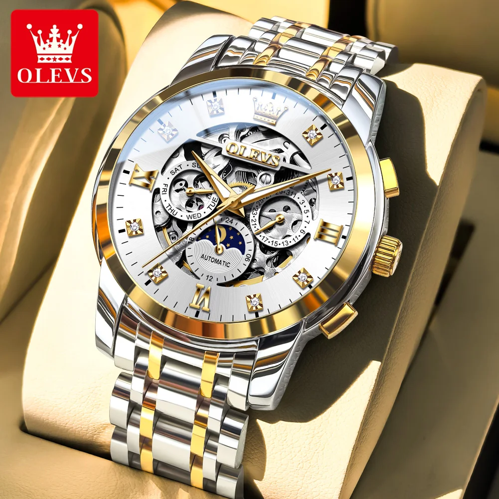 OLEVS Luxus Marke Hohl Design Herren Uhren Mond Phase Automatische Mechanische Uhr Edelstahl Skeleton Original Armbanduhr Image