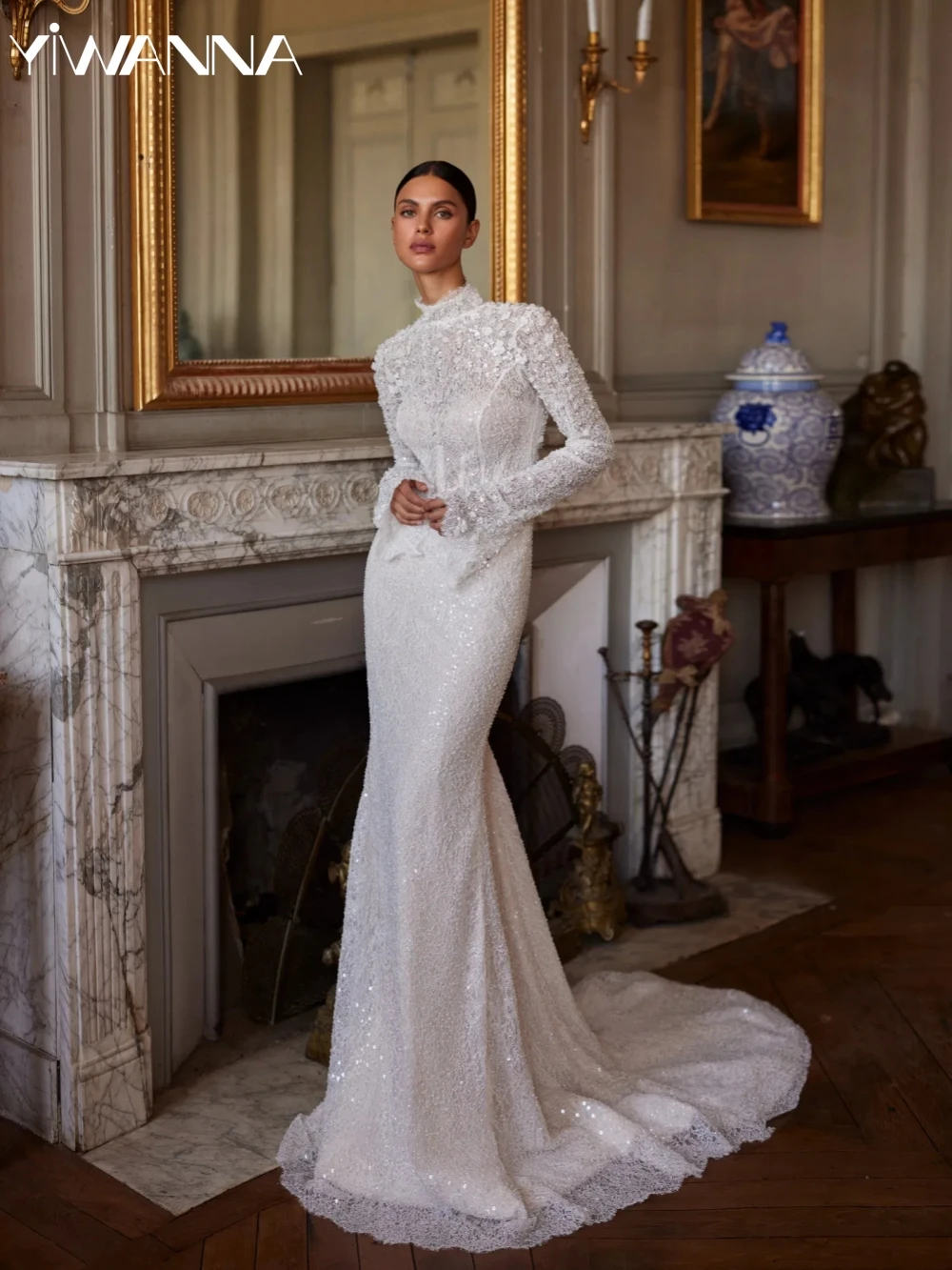 Glänzende Stickerei Perlen Spitze Meerjungfrau Langes Hochzeitskleid Bescheidenes Brautkleid mit hohem Kragen Maßgeschneiderte 3D-Blumenkleider für die Braut Image